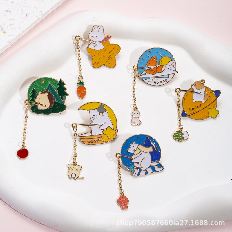 Selling Animals Rabbit Hedgehog Puppy Fox Fishing Brooch Pin Metal Avatar Badge Dripping Oil - Image 2